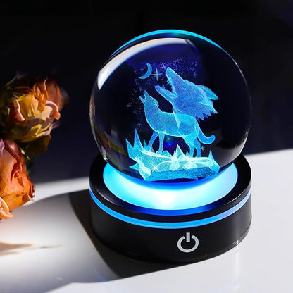 YWHL 3D Crystal Wolf Figurine Ball with Colorful Light Base, Laser Engraved Wolf Gifts for Women Men on Birthday Christmas, Glass Animal Collectible Sphere for Home Party Decor(80mm)