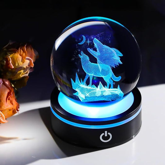 YWHL 3D Crystal Wolf Figurine Ball with Colorful Light Base, Laser Engraved Wolf Gifts for Women Men on Birthday Christmas, Glass Animal Collectible Sphere for Home Party Decor(80mm)