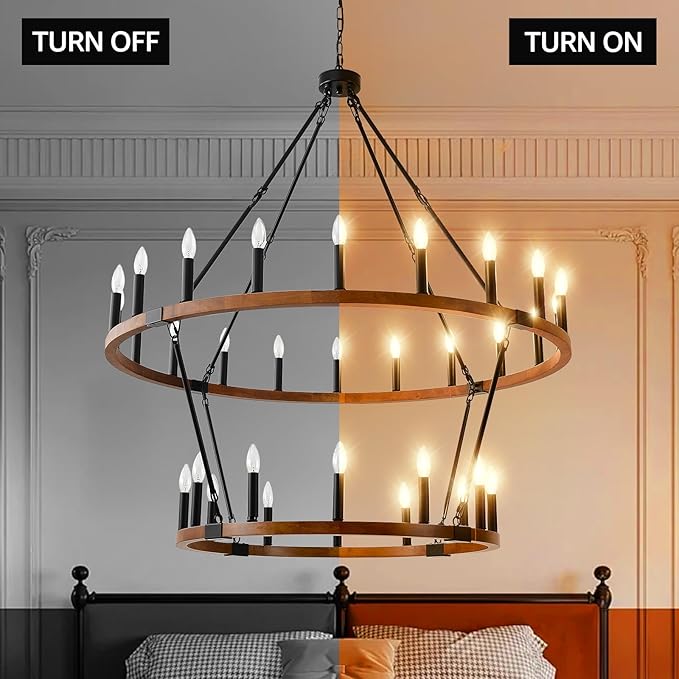 HHR 2 Tier 48'' Solid Wood Wagon Wheel Chandelier, 32-Light High Ceiling Island Lights Fixtures, Rustic Large Chandelier for Farmhouse Dining Room Bedroom Entryway Living Room Café E12