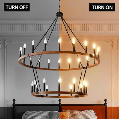 HHR 2 Tier 48'' Solid Wood Wagon Wheel Chandelier, 32-Light High Ceiling Island Lights Fixtures, Rustic Large Chandelier for Farmhouse Dining Room Bedroom Entryway Living Room Café E12