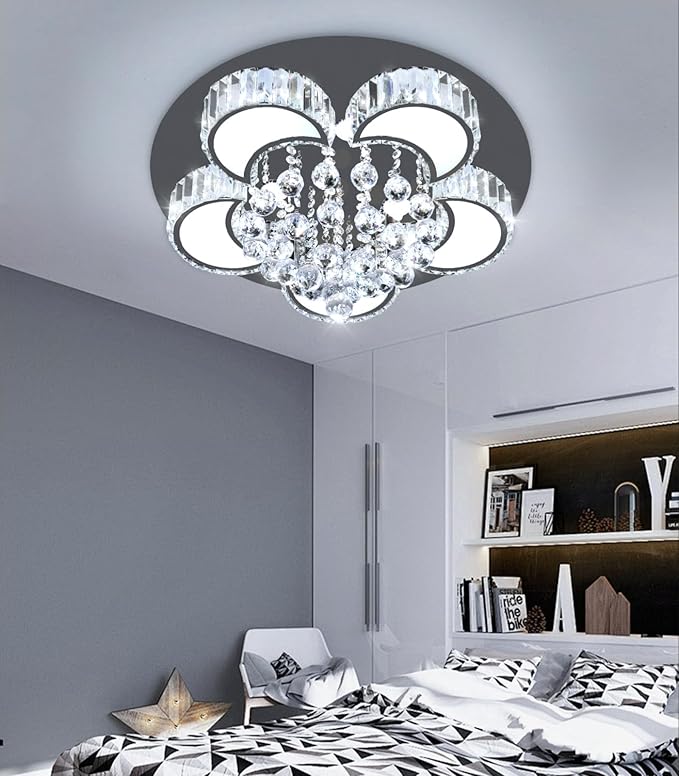 23.6" Black Modern Crystal Chandeliers for Dining Room LED Dimmable Light Fixtures Flush Mount Light Living Room Bedrooms