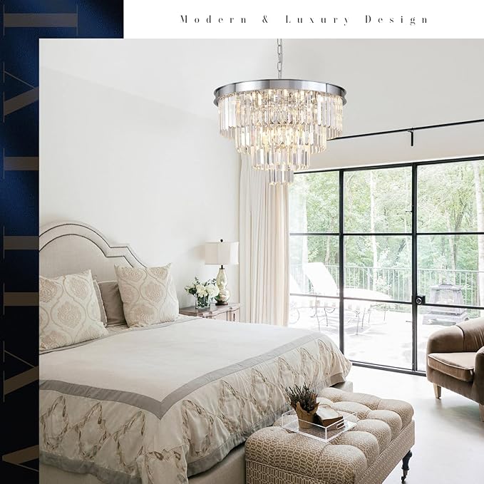 A AXILIXI Chrome Crystal Chandelier 24” Modern Chandelier for Dining Room Round Ceiling Pendant Light Fixture 4 Tiers 12 Lights Luxury Large Chandelier for Entryway Living Room Bedroom