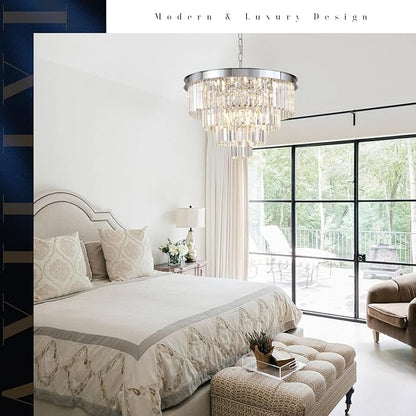A AXILIXI Chrome Crystal Chandelier 24” Modern Chandelier for Dining Room Round Ceiling Pendant Light Fixture 4 Tiers 12 Lights Luxury Large Chandelier for Entryway Living Room Bedroom