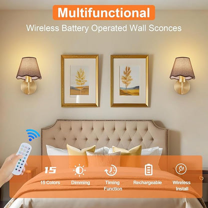 ADISUN Battery Operated Wall Sconce Set of 2, Gold Wall Lamps Rechargeable Bulbs for Living Room, Brown Rattan Shade, Wireless Wall Lights for Bedroom Living Room Hallway Kitchen(2 Bulbs Included)