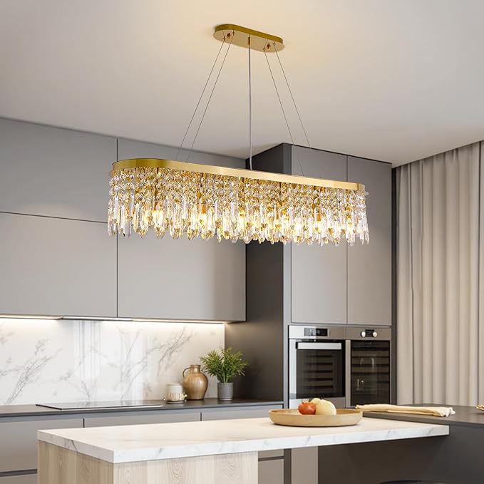 Siljoy Modern Crystal Chandelier for Dining Room, 12-Light Luxury Rectangle K9 Crystal Raindrop Chandelier, Dimmable Oval Crystal Pendant Ceiling Light for Living Room Kitchen Island L47 Inch