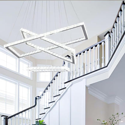 Finktonglan 31.4 inch Modern Crystal Chandelier, 3 Rectangular LED Rings Chandeliers Pendant Ceiling Light for Dining Room Kitchen Island Stair Well (6000K Cool White)