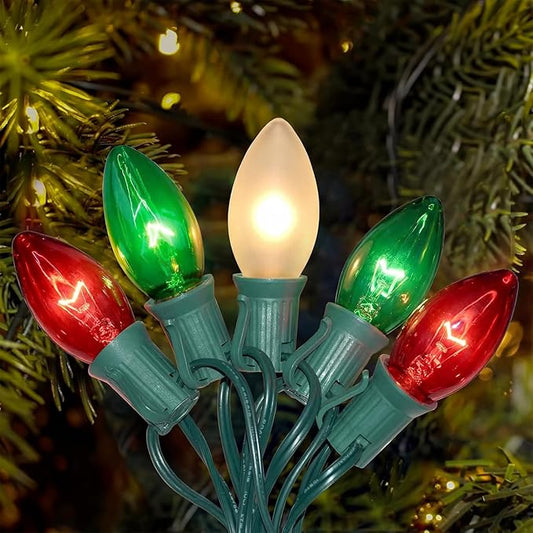 25Ft C9 Christmas Multicolor String Lights, Vintage Christmas Lights with 27 C9 Clear Red/Green/Frosted White Bulbs, Outdoor Hanging Patio Lights for Xmas Tree Path Roofline Wedding Party Decoration
