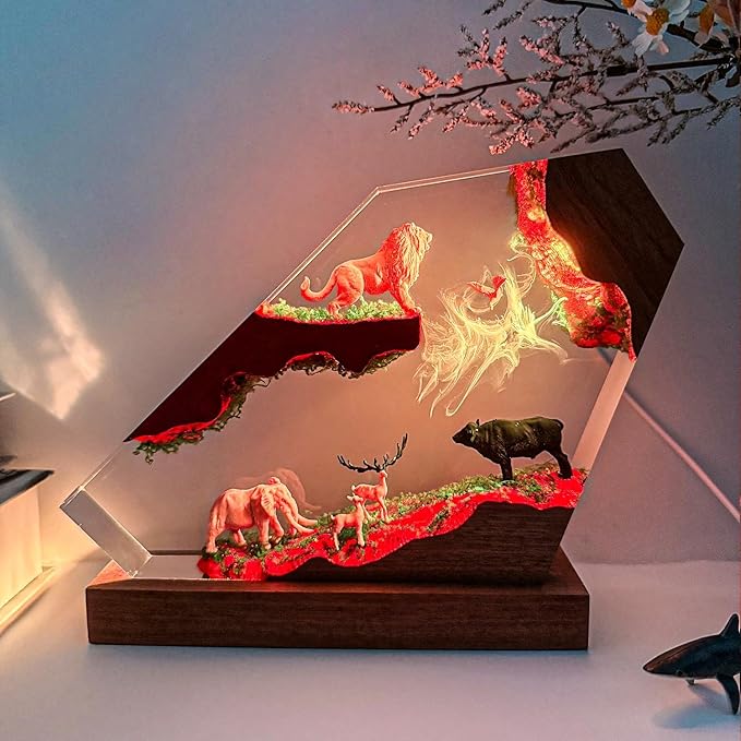 Handmade 3D Lion Resin Lamp,The King of The Forest Figurine Lamp, Animals Resin Night Light with RGB LED Light, Home Office Decor, Unique Anime Gifts for Him Her Kids on Birthday Holiday (8" x 5")