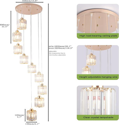 High Ceilings Long Chandeliers Modern Crystal Pendant Light Raindrop Drop Lamp Hanging Chandeliers Flush Mount Lighting Fixtures for Staircase Foyer Entryway Gold 9 Lights