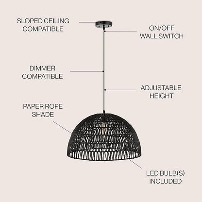 JONATHAN Y 20" Black Modern Bohemian Woven Rope LED Pendant Light Fixture, Adjustable Dome Ceiling Lamp for Kitchen Island, Rope Shade, Coastal Farmhouse Decor (JYL6504C)