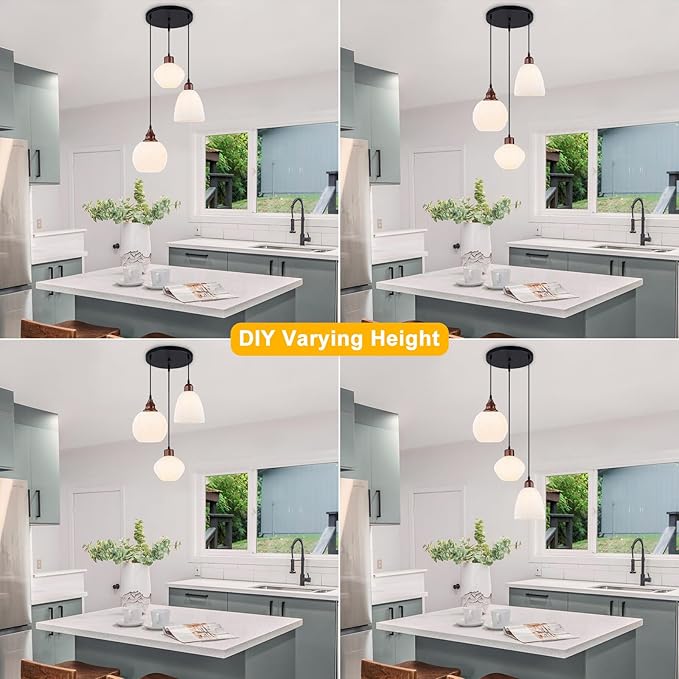 Cluster Pendant Lights for Kitchen Island, 3-Light Pendant Light Fixtures with 3D Printed Ribbed Shade, Adjustable Hanging Pendant Light for Dining Room