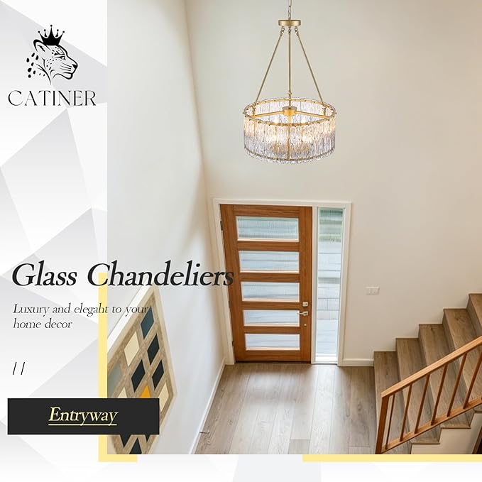 CATINER 20" Crystal Glass Chandelier Modern 6-Light Gold Drum Chandeliers Luxury Ceiling Pendant Lighting for Entryway Foyer Dining Room Bedroom Kitchen