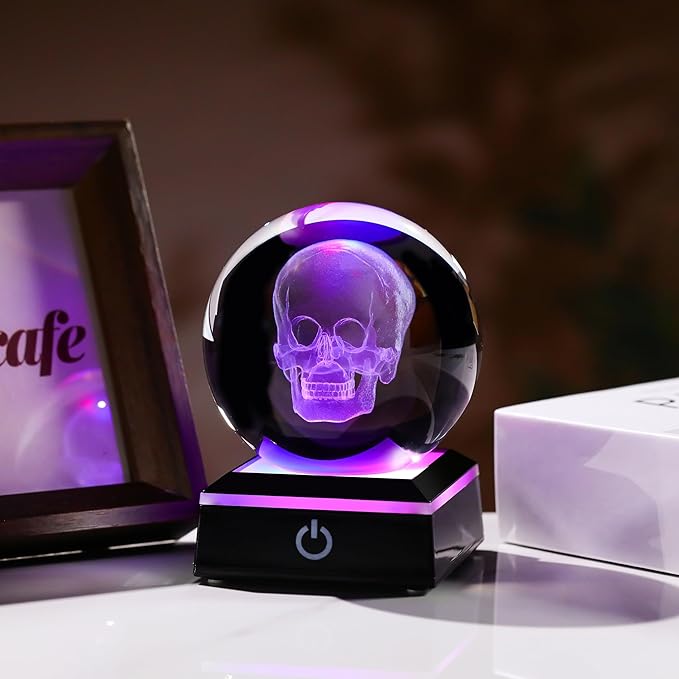 Qianwei 3D Crystal Skull Decor- 80MM Halloween Skull Light Witch Figurines Occult Medieval Goth Satanic Home Desk Glass Skull Decor Witchy Gifts Horror Statue