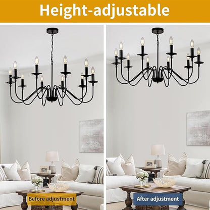 Black Farmhouse Chandeliers, 10 Light S-Arm Modern Candle Hanging Pendant Light, Industrial Rustic Metal Ceiling Kitchen Island Lights for Living Room, Entryway, Foyer, Bedroom, Dining Room