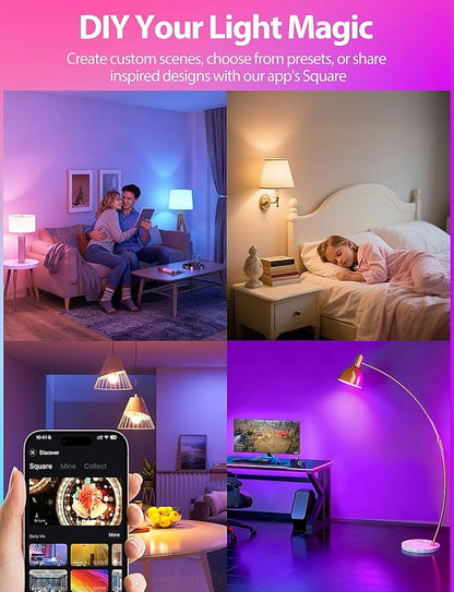 Smart Light Bulbs, Work with Alexa & Google Assistant, 9W LED Light Bulbs Color Changing RGBTW Dimmable, 2.4GHz WiFi Bluetooth Smart Bulb 60W Equivalent, APP Control, A19, E26, 800LM, 2 Packs