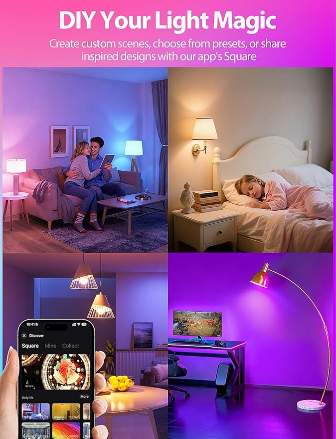 Smart Light Bulbs, Color Changing Light Bulb, Work with Alexa & Google Assistant, RGBWW A19 LED Light Bulbs Dimmable, 2.4GHz WiFi Bluetooth Light Bulb 60W Equivalent, Music Sync, 800LM, 4 Packs