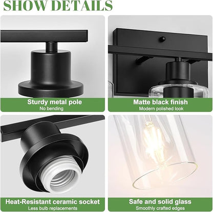 MOKATNG 3-Light Bathroom Light Fixtures, Vanity Light with Clear Glass Shades, Matte Black Bathroom Light Fixtures Over Mirror, Modern Bathroom Wall Lamp for Mirror Living Room Cabinet Bedroom