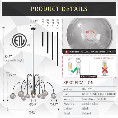 CATINER Modern Black Chandelier 12 Lights Sputnik Chandelier Large L52” Mid Century Ceiling Pendant Light Fixtures with Smoke Glass Globe Shades for High Ceiling Living Dining Room Foyer Staircase