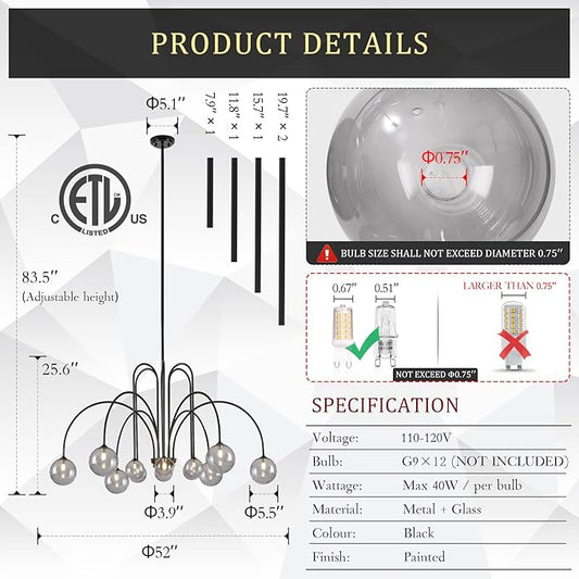 CATINER Modern Black Chandelier 12 Lights Sputnik Chandelier Large L52” Mid Century Ceiling Pendant Light Fixtures with Smoke Glass Globe Shades for High Ceiling Living Dining Room Foyer Staircase