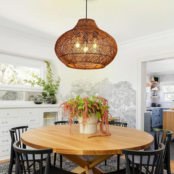 19inch Large Rattan Chandelier, Rattan Woven Chandeliers Dining Room Boho Light Fixture 3-Light Wicker Rustic Hanging Light for Kitchen Island Living Room Foyer Restaurant
