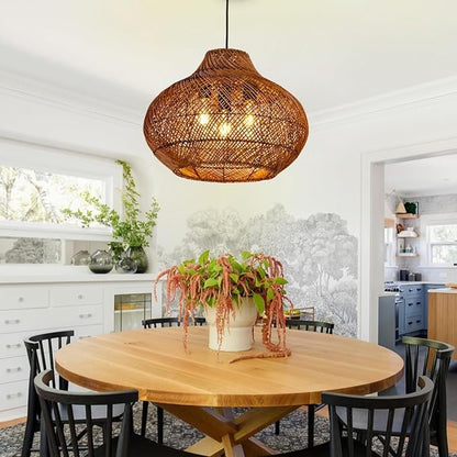 19inch Large Rattan Chandelier, Rattan Woven Chandeliers Dining Room Boho Light Fixture 3-Light Wicker Rustic Hanging Light for Kitchen Island Living Room Foyer Restaurant