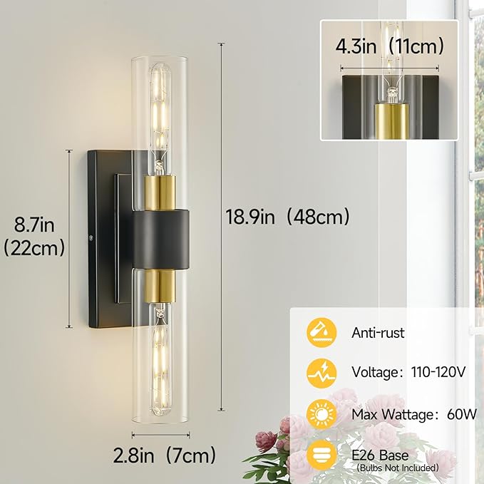 19" Black and Gold Wall Sconces Set of Two,Modern Bathroom Light Fixtures,2-Light Vanity Lights for Mirror,Indoor Wall Lamp Wall Mount Hardwired Light for Bedroom with Clear Glass E26 Base