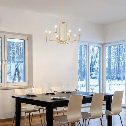 Modern Gold Chandelier, Farmhouse Candle Dining Room Chandeliers, Metal Hanging Pendant Light Fixture for Kitchen, Foyer, Bedroom, Living Room, Staircase, Entryway, 8-Light