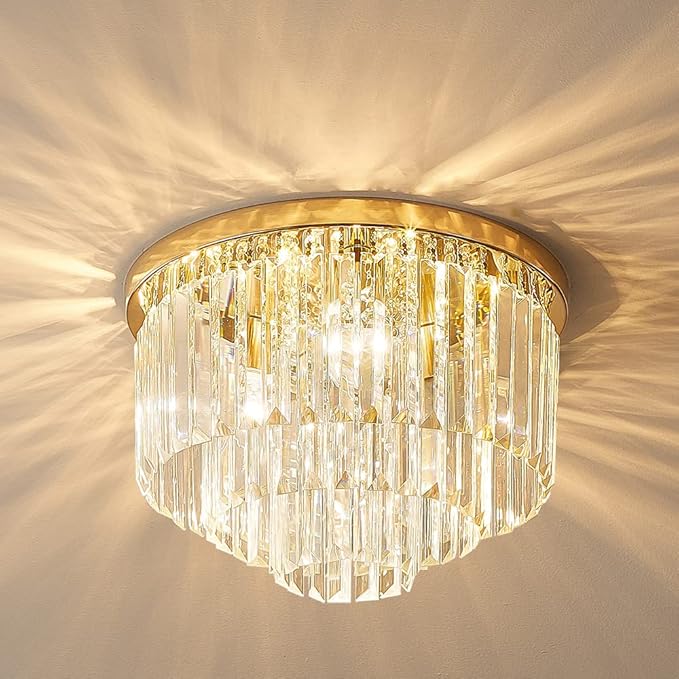 Modern French Gold Crystal Chandelier Ceiling Light,16" Semi Flush Mount 5-Lights 3-Tier Crystal Round Chandelier Light for Bedroom Living Room