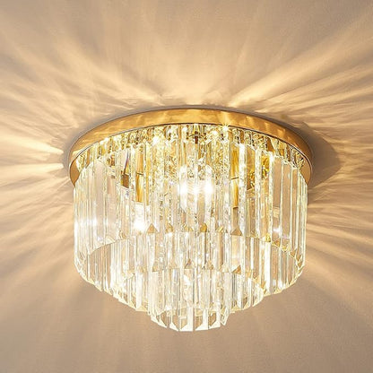 Modern French Gold Crystal Chandelier Ceiling Light,16" Semi Flush Mount 5-Lights 3-Tier Crystal Round Chandelier Light for Bedroom Living Room
