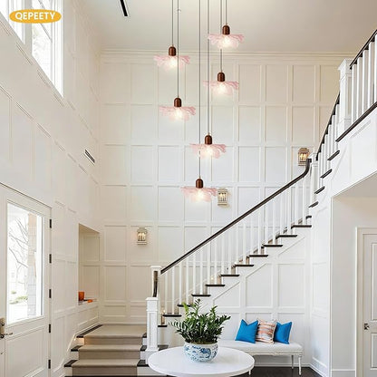 6-Light Pink Glass Flower Chandelier with Wood, Modern Adjustable Staircase Pendant Light, Mid Century Floral Hanging Ceiling Fixture for Living Room Dining Room Foyer Entryway