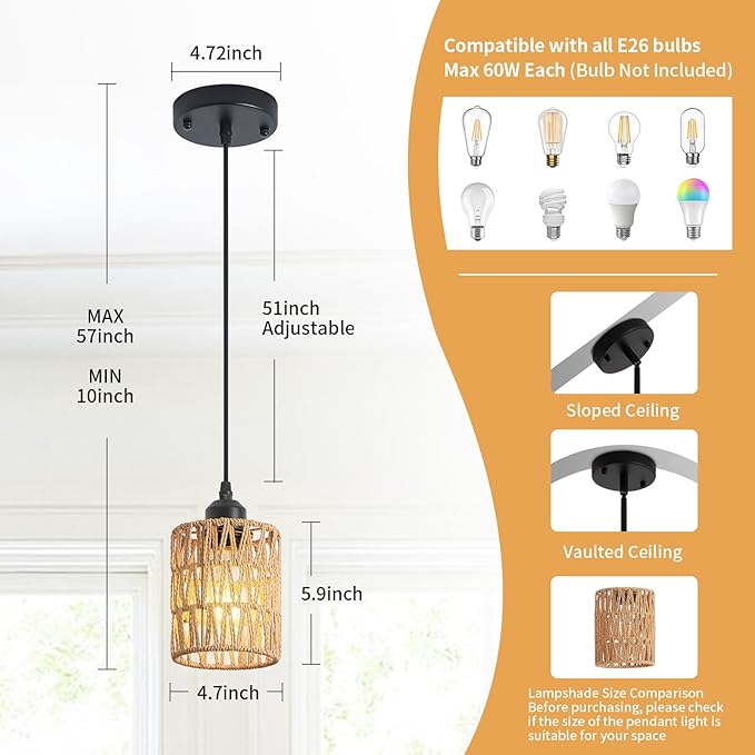 Rattan Chandelier Pendant Lights Kitchen Island,Farmhouse Boho Chandeliers Adjustable Height Hanging lamp for Dining Room,Small Kitchen Ceiling Light Fixtures with Hand Woven Wicker Lampshade
