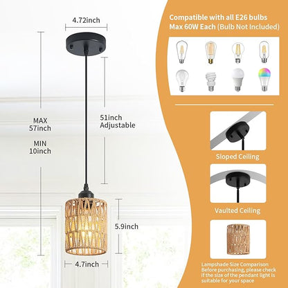 Rattan Chandelier Pendant Lights Kitchen Island,Farmhouse Boho Chandeliers Adjustable Height Hanging lamp for Dining Room,Small Kitchen Ceiling Light Fixtures with Hand Woven Wicker Lampshade
