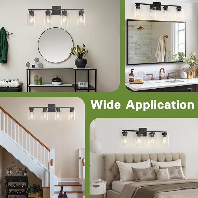 4 Light Bathroom Vanity Light - Matte Black Bathroom Light Fixtures Square Design & UL Certification, Square Light Fixture Over Mirror, Farmhouse Light Fixtures for Bathroom & Bedroom