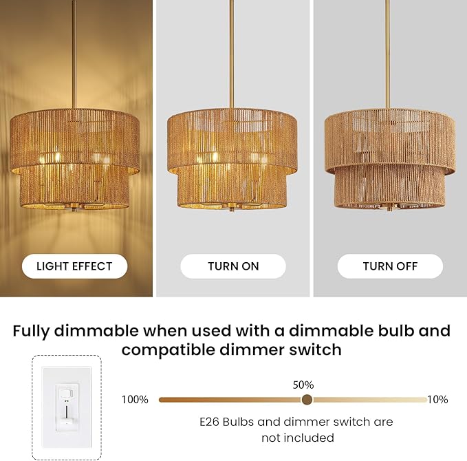 RUIYEY Rattan Chandelier Light Fixtures: 18 inch Boho Pendant Lights with Wicker Lampshade, E12 5 Light Height Adjustable Hand Woven Hanging Chandeliers for Dining Room Kitchen Farmhouse Living Room