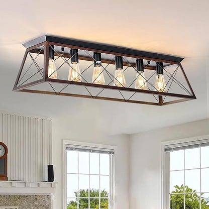 38" Large Brushed Bronze Flush Mount Ceiling Light Fixture, 6-Light Vintage Industrial Cage Chandelier for Dining Room Kitchen Island Living Room Hallway Entryway, Farmhouse Close to Ceiling Lighting