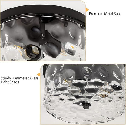 LamQee 9.8" Small Flush Mount Ceiling Light With Clear Hammered Glass, Black Hallway Light Fixtures Ceiling Mount for Bathroom, 2-Lights Farmhouse Close To Ceiling Light Kitchen Foyer Entryway Bedroom