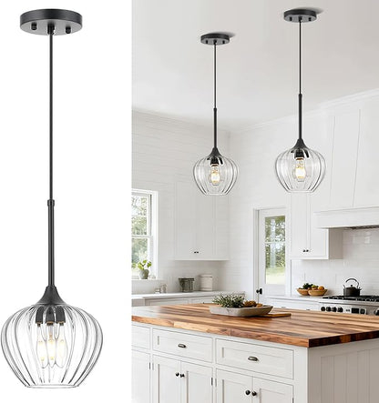 Glass Pendant Light, 7inch Modern Black Pendant Lights Fixture Small Farmhouse Pendant Hanging Lighting for Kitchen Island Dining Room Sink Bathroom Bar Restaurant