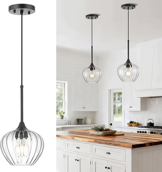 Glass Pendant Light, 7inch Modern Black Pendant Lights Fixture Small Farmhouse Pendant Hanging Lighting for Kitchen Island Dining Room Sink Bathroom Bar Restaurant