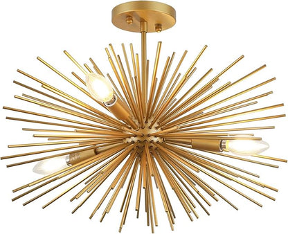 Modern Sputnik Chandelier Ceiling Light Fixture,4-Light Gold Semi Flush Mount Ceiling Light,20in Solid Metal Starburst Satellite Urchin Chandelier for Entry Dining Room Bedroom Kitchen Foyer