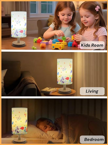Butterfly Flower Kids Table Lamp for Bedroom Girls Bedside Lamps-3 Way Dimmable Wood Base Nightstand Nightlight with Butterflies Pattern Lampshade for Boy Girls Room Home Decor,Butterfly Gift for Girl