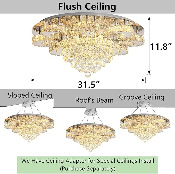 HAIXIANG Modern Chandelier Living Room Glam Chandeliers Ceiling Light Fixture Remote Dimmable Lights 32 Inches Luxury Crystal Silver Light