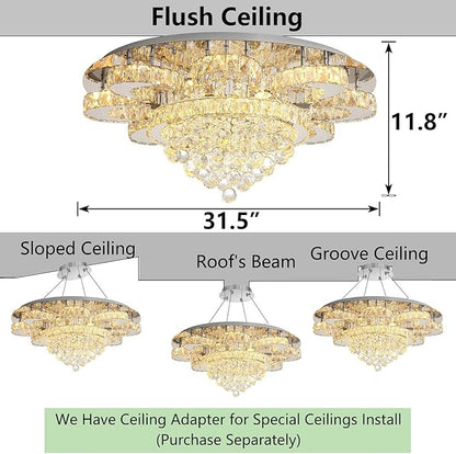 HAIXIANG Modern Chandelier Living Room Glam Chandeliers Ceiling Light Fixture Remote Dimmable Lights 32 Inches Luxury Crystal Silver Light