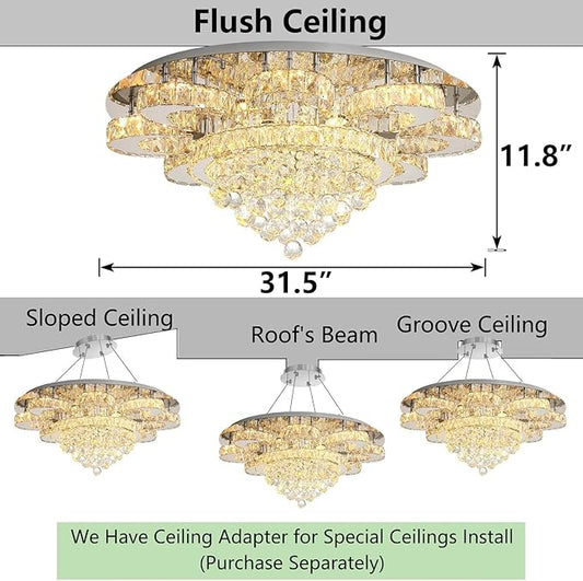 HAIXIANG Modern Chandelier Living Room Glam Chandeliers Ceiling Light Fixture Remote Dimmable Lights 32 Inches Luxury Crystal Silver Light