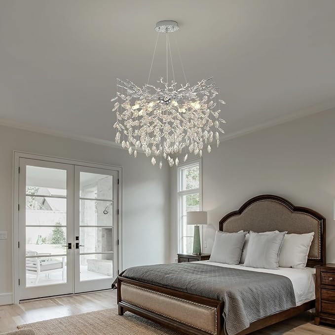 Tree Branches Chandeliers Luxury Round Crystal Pendant Light 8 Light Ceiling Hanging Light for Dining Room Bedroom Living Room Entryway 23.7" Silver