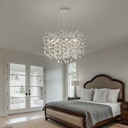 Tree Branches Chandeliers Luxury Round Crystal Pendant Light 8 Light Ceiling Hanging Light for Dining Room Bedroom Living Room Entryway 23.7" Silver