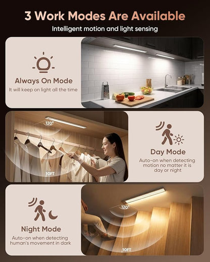 16inch Under Cabinet Lighting Wireless, 216LED Motion Sensor Light Indoor, USB Rechargeable Closet Lights, 3 Color Temps & Dimmable, Stick On Under Counter Lights for Kitchen, Pantry, Stairs, 5 Pack
