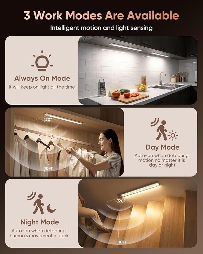 16inch Under Cabinet Lighting, 216LED Motion Sensor Light Indoor, Rechargeable Closet Lights, 3 Color Temps, Dimmable, Wireless Under Counter Lights for Kitchen, Stairs, Pantry, 2 Pack