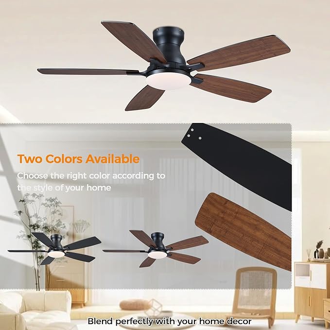 JSAITEE Ceiling Fan with Lights and Remote Control - 46In Flush Mount Ceiling Fan with 3CCT Dimmable, 6 Wind Speeds and Timing, Low Profile Fan for Modern Bedroom, Kitchen, Living Room