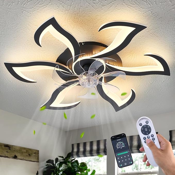 Yfrest Modern Ceiling Fan with Light and Remote, Low Profile Ceiling Fans with Lights, 32 Inch Black Flush Mount Ceiling Fan with 3 Light Color 6 Speeds, Fandelier Ceiling Fans for Kitchen Bedroom