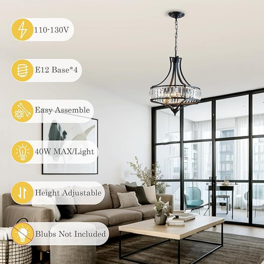 Crystal Chandeliers for Dining Room, Modern Black Crystal Chandelier Light Fixture, Round Rustic Farmhouse Hanging Light for Living Room Kitchen Hallway Bedroom Foyer, 15.7 Inch, 4-Light